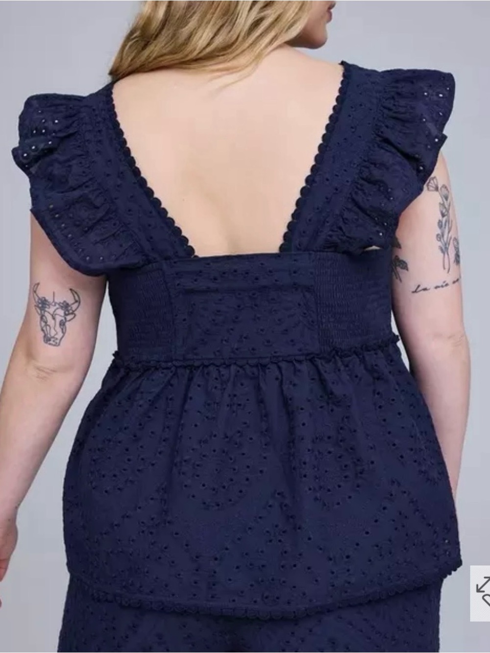 Torrid Navy Eyelet Ruffle Strap Tank - Picture 2 of 6